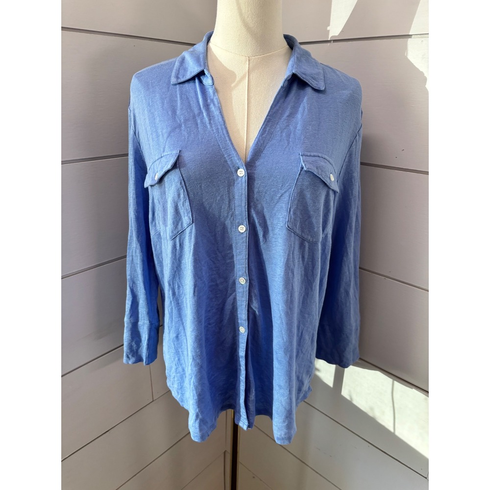 J McLaughlin Brynn Knit Top Women XL Tranquil Blue NWT Linen Blend Button Down